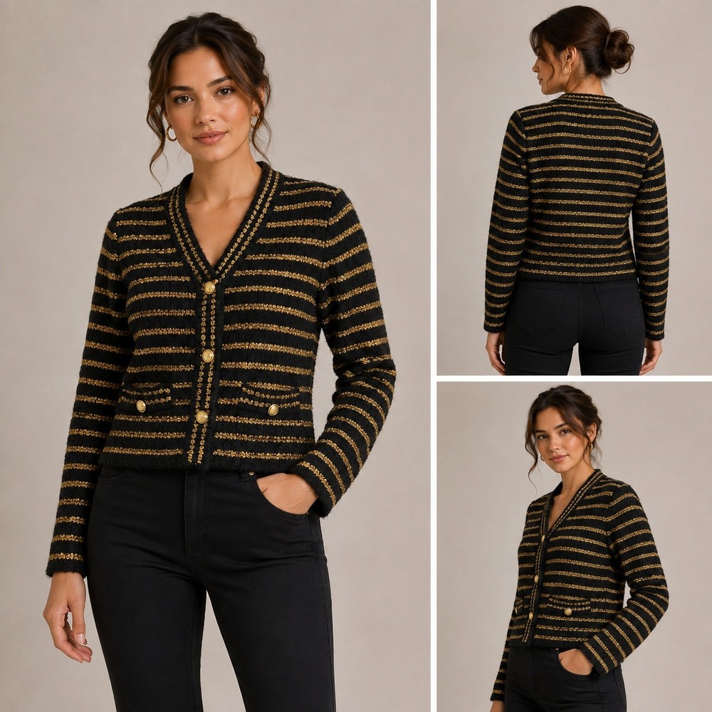 Rita Ora Primark Cardigan Women Small Black Gold Excellent Striped Metallic Knit